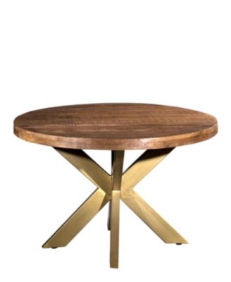 Villa2 - Solid Wood Iron X Base 47" Round Dining Table In Weathered Lacquered Vintage Brushed Antique Gold
