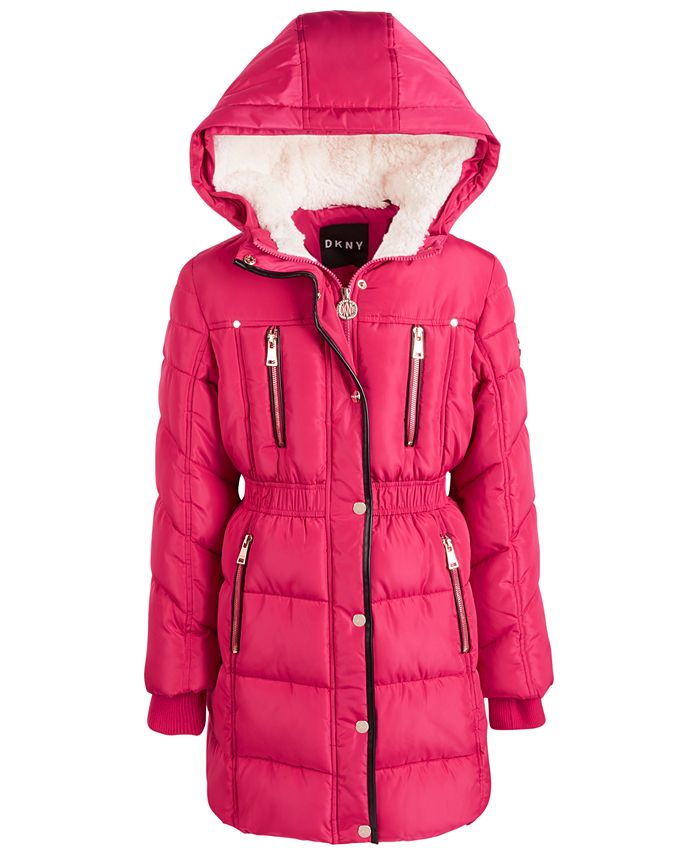DKNY Little Girls Hooded Puffer Jacket With Faux-Fur Trim - Macy's