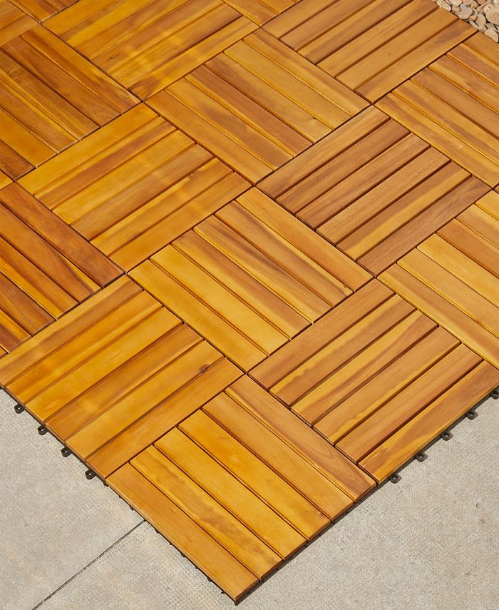 VIFAH Outdoor Patio 6-Slat Acacia Interlocking Deck Tile Set of 10 ...