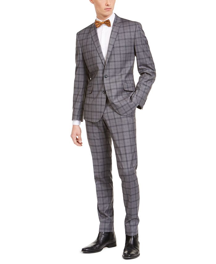 Buy BOSS Performance-Stretch Checked Slim-Fit Suit, Grey Color Men