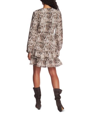 Women's Long Sleeve Ruffled Snake-Print Wrap Dress