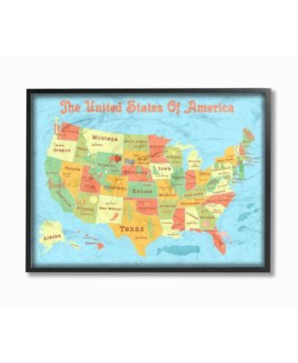 United States of America USA Kids Map Framed Giclee Art, 11" x 14"