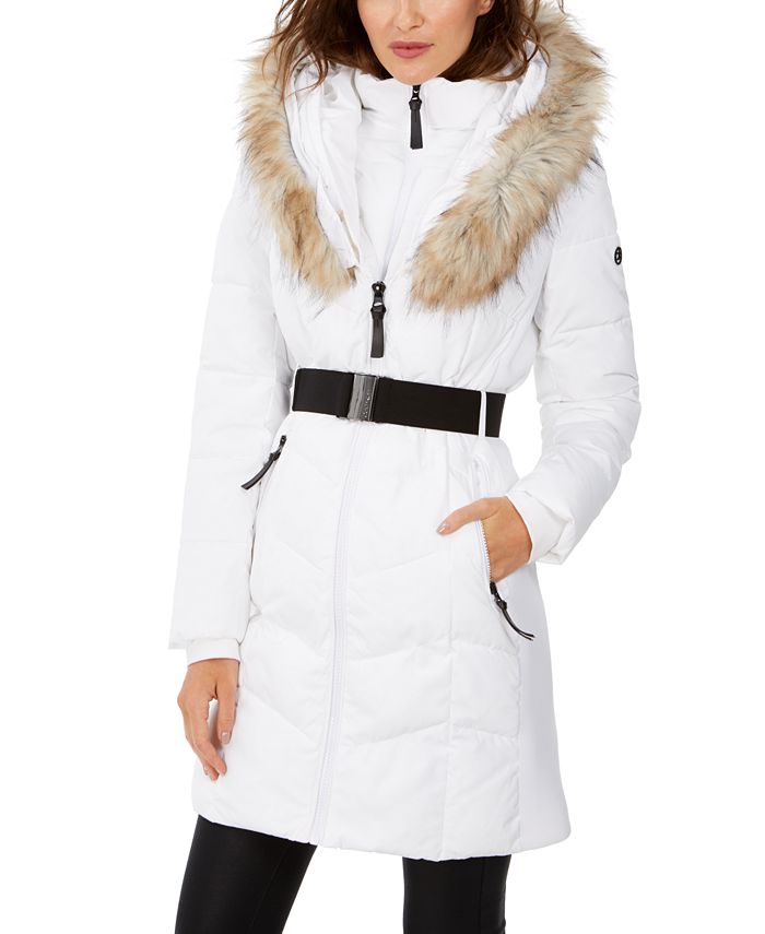 Calvin Klein Chevron Belted Faux-Fur Hooded Puffer Coat & Reviews ...