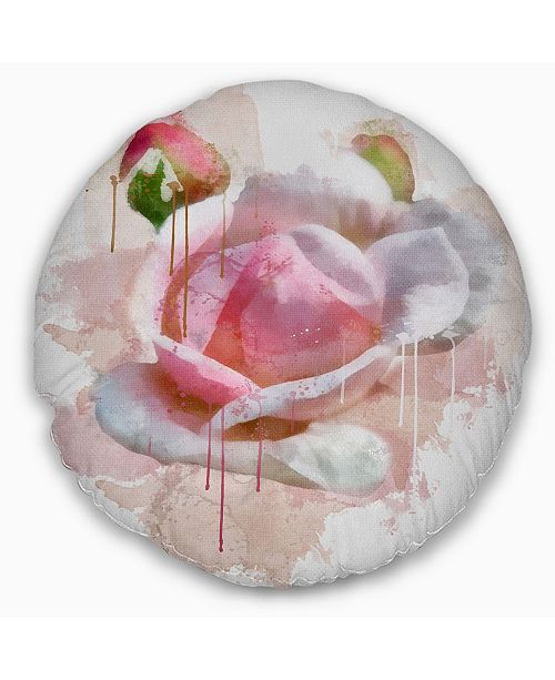 Designart Pink Rose Flower With Paint Splashes Floral Throw Pillow