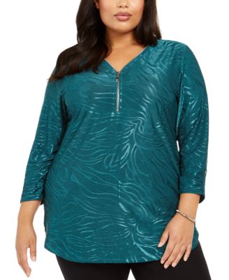 JM Collection - Plus Size Metallic Animal-Print Zip Top