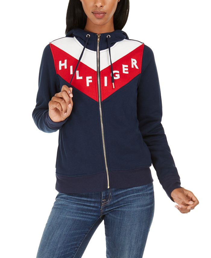 Tommy Hilfiger Women's Zip Front Colorblocked Hoodie Pink Size Large
