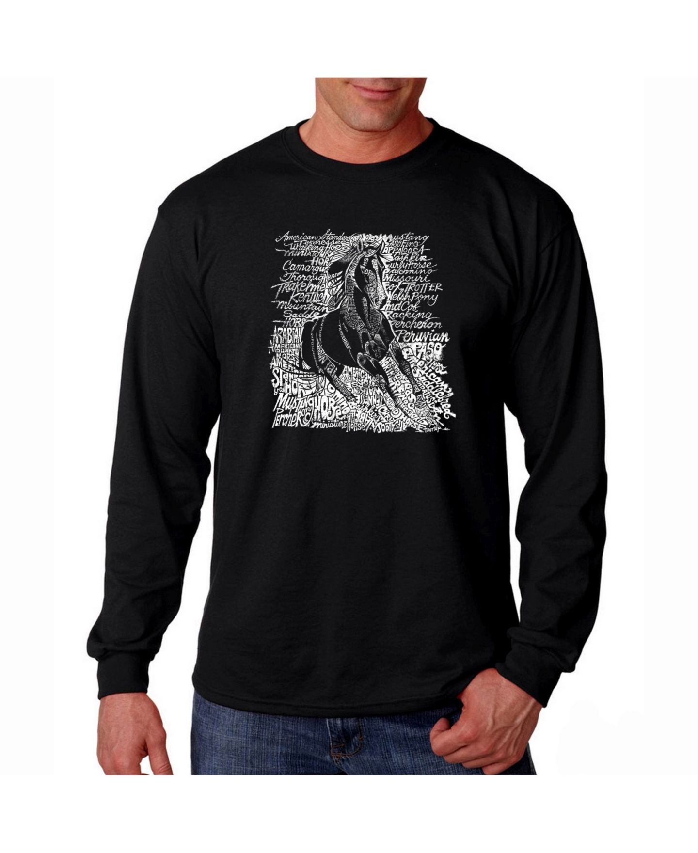Мужская футболка LA Pop Art Word Art Long Sleeve - Horse Breeds, цвет: Чёрный — фото 1