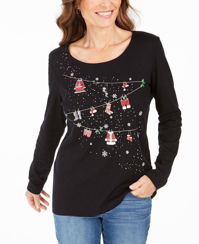 Karen Scott Holiday Hang-Ups Embellished Cotton Top, Created For Macy's ...
