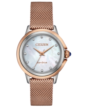 image of Citizen Eco-Drive Women-s Ceci Diamond-Accent Pink Gold-Tone Stainless Steel Mesh Bracelet Watch 32mm