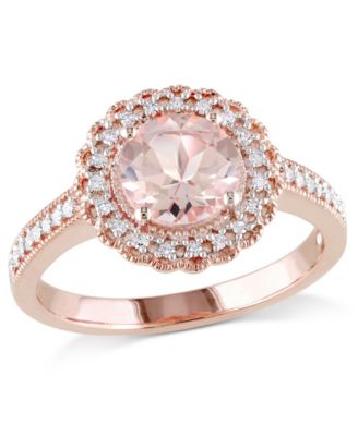 Macy's - Morganite (1-1/6 ct. t.w.) and Diamond (1/8 ct. t.w.) Floral Halo Ring in Rose Gold Over Silver
