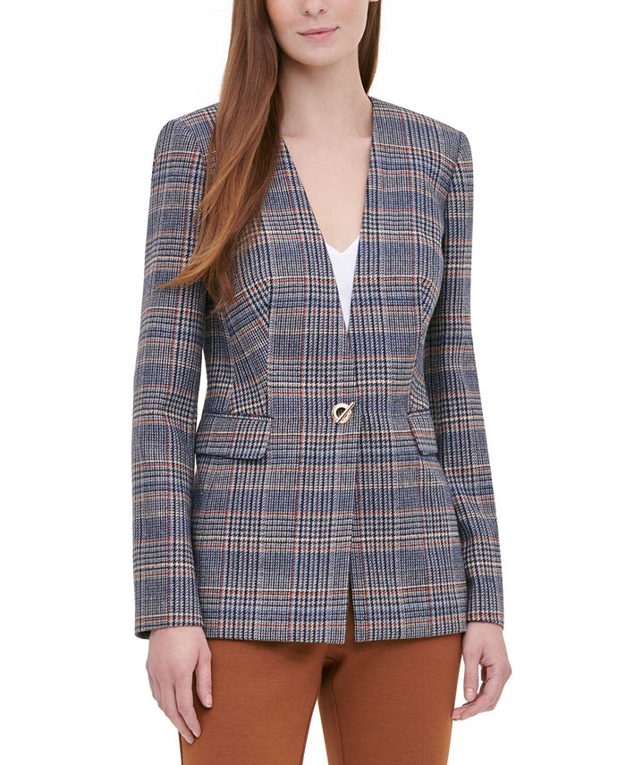 Calvin Klein Women's  Plaid One-Button Blazer -Steel Blue Multi Size 6