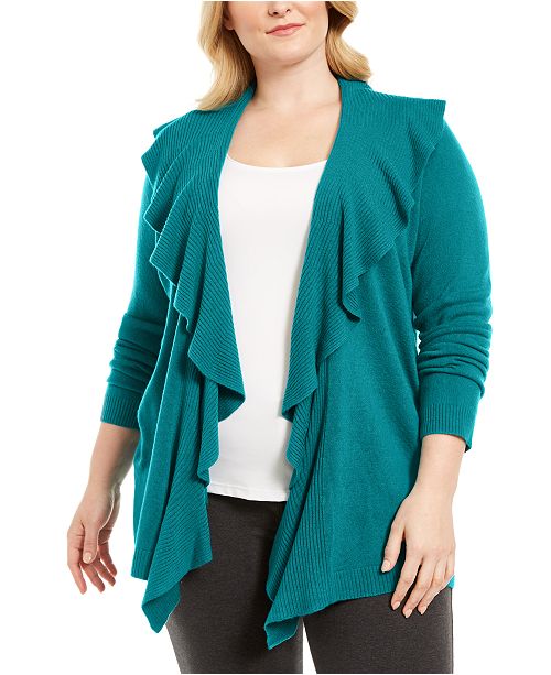 Karen Scott Plus Size Ruffle Neckline Cardigan Sweater Created