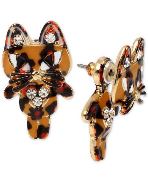 Betsey Johnson Gold Tone Crystal Leopard Print Cat Front And