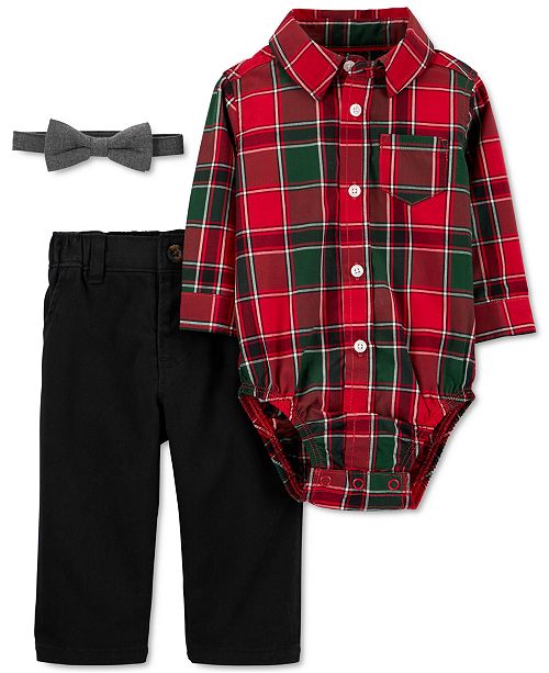 Carter S Baby Boys 3 Pc Cotton Plaid Bodysuit Bow Tie Twill