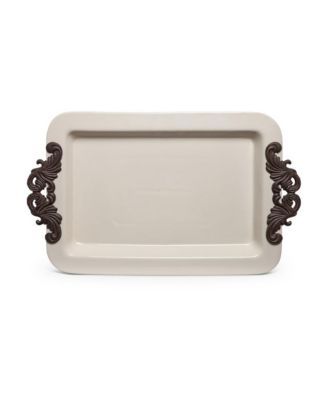 The GG Collection - 23.75-Inch Long Cream Ceramic Tray with Acanthus Leaf Styled Metal Handles