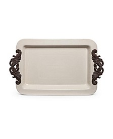 23.75-Inch Long Cream Ceramic Tray with Acanthus Leaf Styled Metal Handles