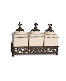 Acanthus Leaf Hope, Love, and Faith Ceramic Jars with Ornate Brown Metal Tray