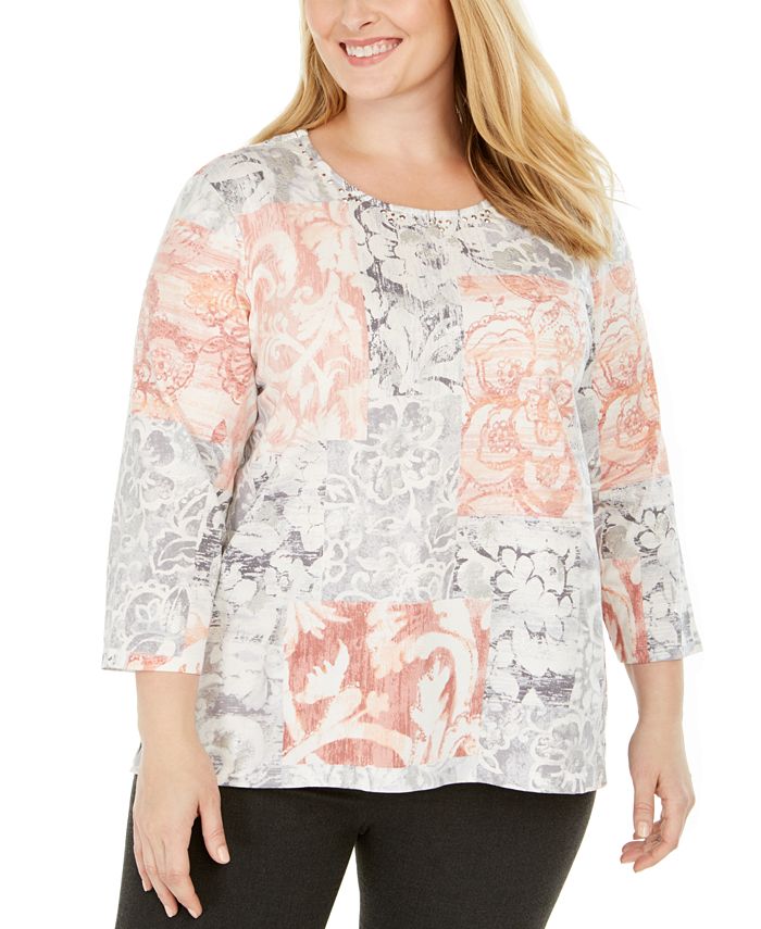 Alfred Dunner Plus Size All About Ease Printed 3/4-Sleeve Top - Macy's