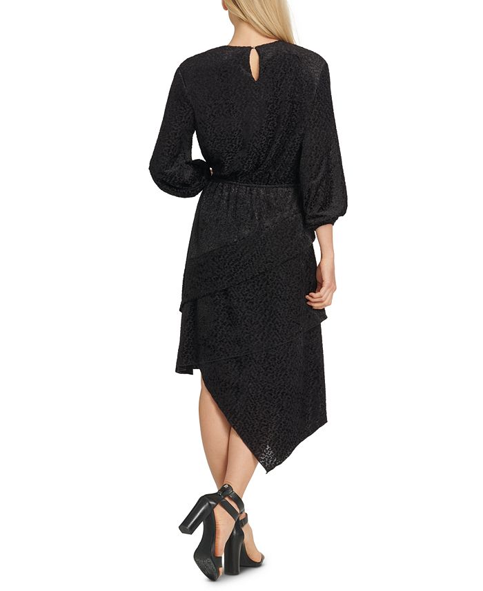DKNY Women's Leopard Print Split Neck Dress Black Size Small