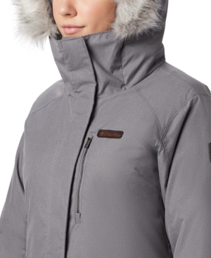 Columbia Plus Size Suttle Mountain Hooded Faux-fur-trim Long Insulated Jacket In City Grey