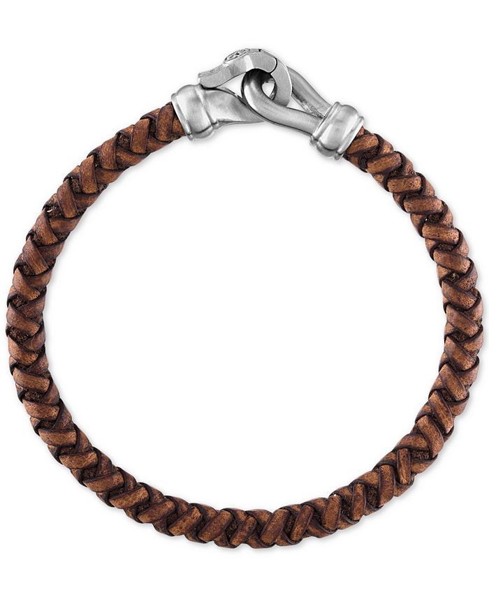 Esquire Men's Jewelry Braided Brown Leather Bracelet in Stainless Steel