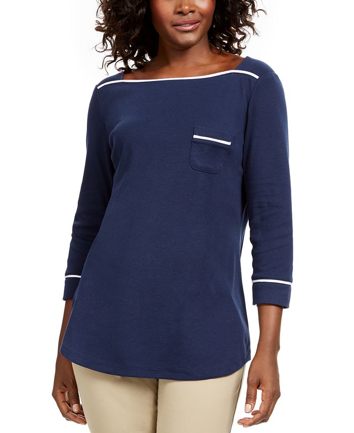 Karen Scott Petite Piping-Trim T-Shirt, Created for Macy's - Macy's