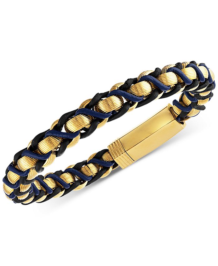 Esquire Men's Jewelry Black & Blue Leather Link Bracelet in GoldTone
