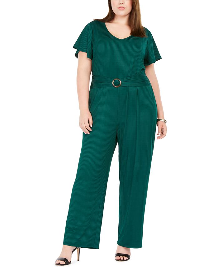 NY Collection Plus Size Ribbed Belted Jumpsuit - Macy's