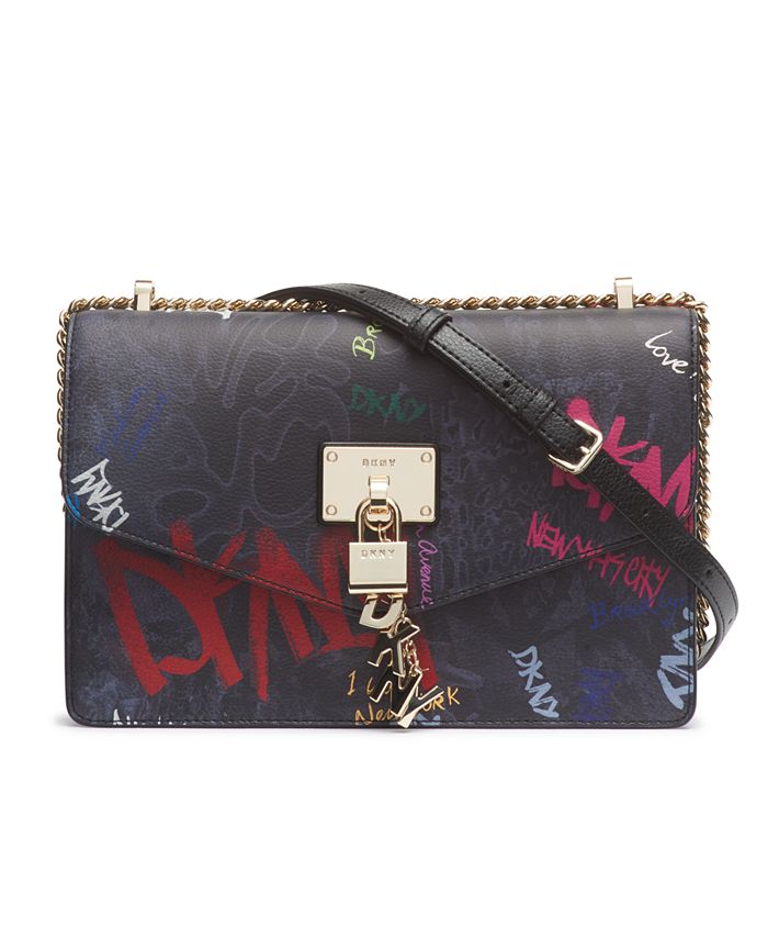 DKNY Elissa North South Graffiti Pebbled Leather Charm and Lock Crossbody  Bag