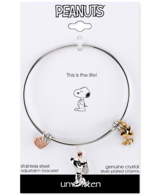 Unwritten Snoopy & Woodstock Bangle Bracelet in Stainless Steel with Silver Plated Charms