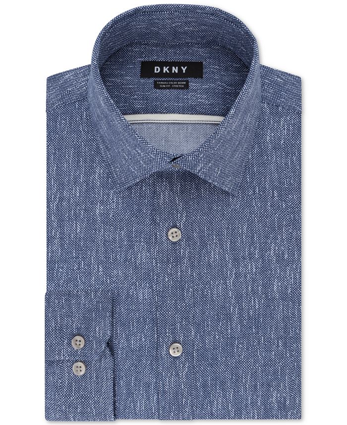 DKNY Men's Dress Shirts Slim Fit Stretch Grid Print Blue Size 17.5X34X35