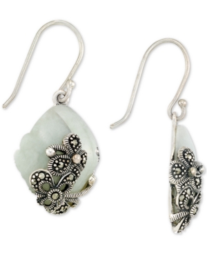 image of Jade (15 x 20 x 4mm) & Marcasite Flower Drop Earrings in Sterling Silver