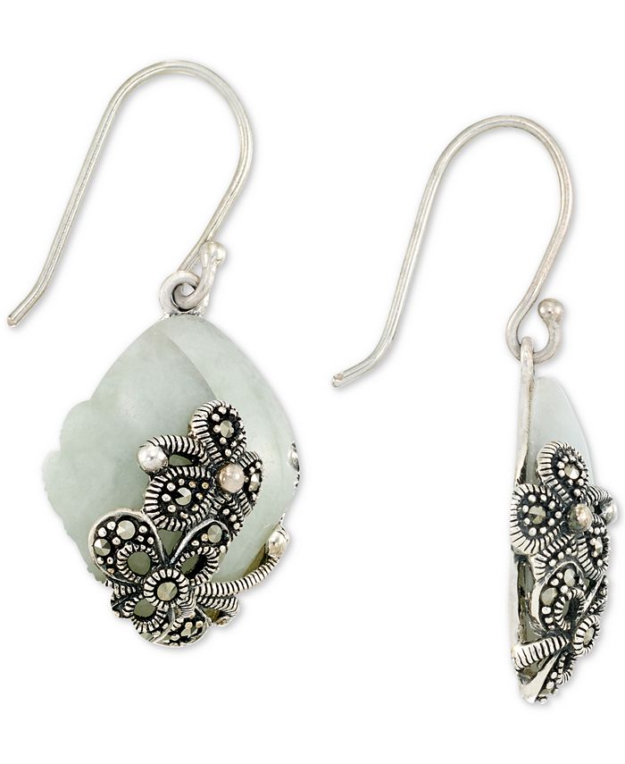 Macy's - Jade (15 x 20 x 4mm) & Marcasite Flower Drop Earrings in Sterling Silver