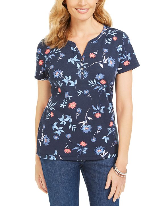 Karen Scott FloralPrint ShortSleeve Henley Top, Created for Macy's & Reviews Tops Women