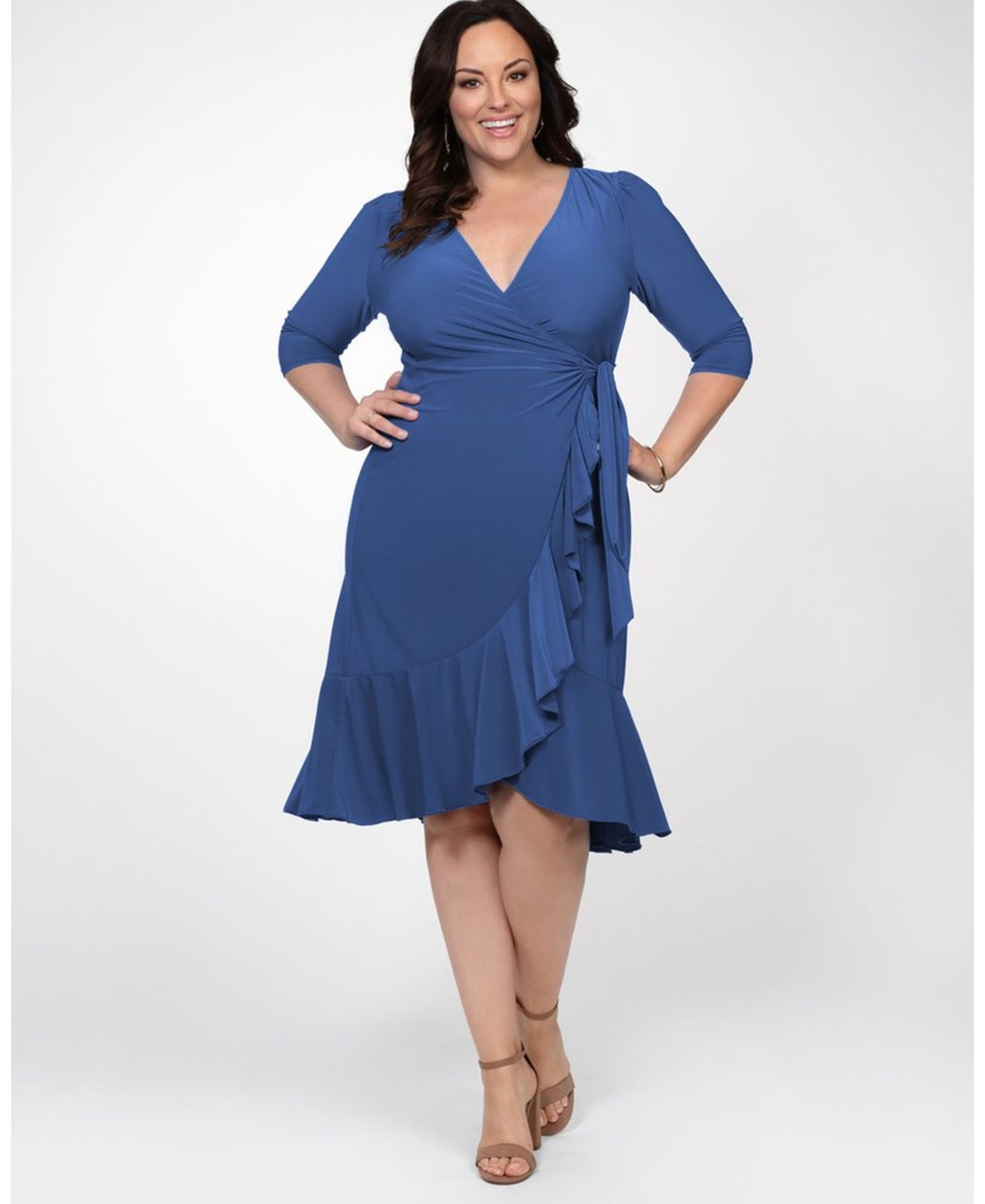 Women's Plus Size Whimsy Ruffled Midi Wrap Dress - Cobalt blue