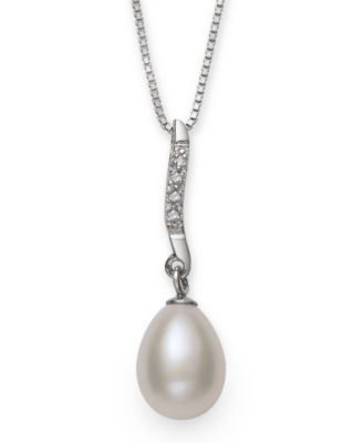 Macy's - Cultured Freshwater Pearl (7-8 mm) and Diamond Accent Swirl Pendant in Sterling Silver