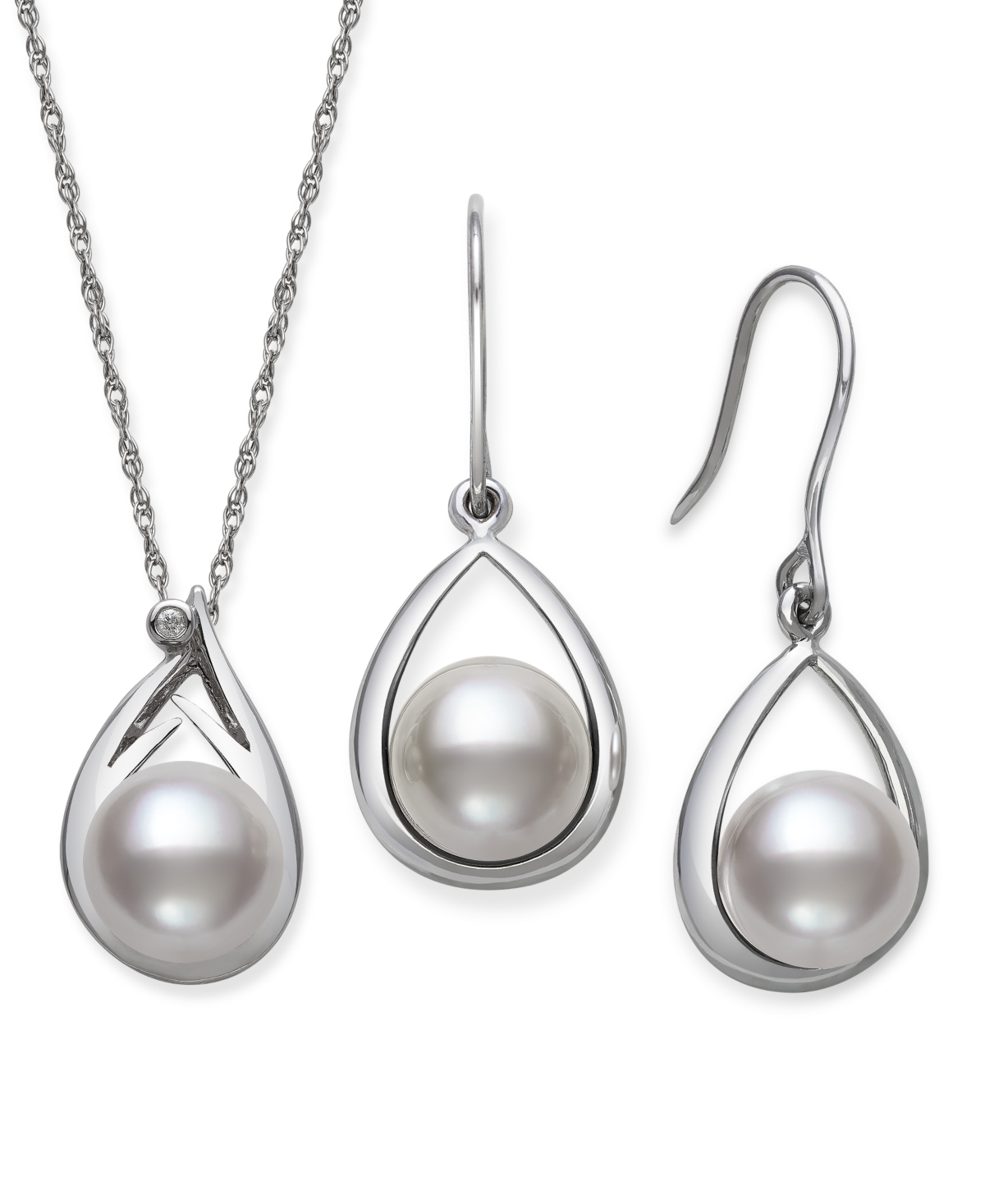 Cultured Freshwater Pearl (8-10 mm) and Diamond Accent Earring and Pendant Set in Sterling Silver - White