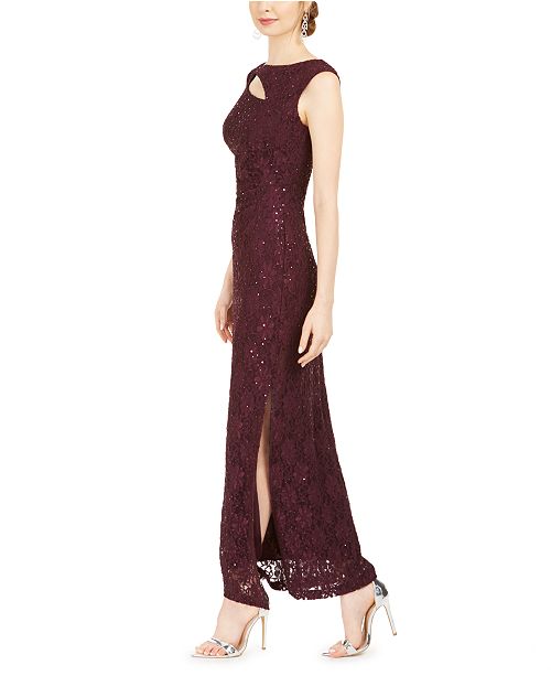 connected sequined lace overlay gown
