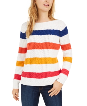TOMMY HILFIGER STRIPED CABLE KNIT SWEATER, CREATED FOR MACY'S