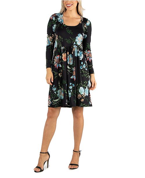Women S Floral Knee Length Pleated Long Sleeve Dress
