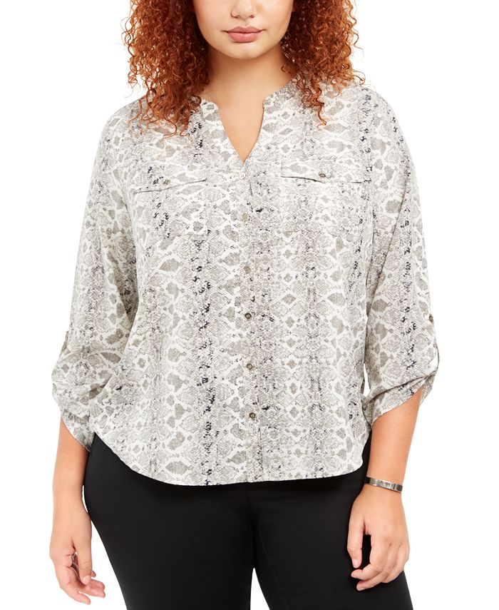 NY Collection Plus Size Printed YNeck Utility Shirt Macy's