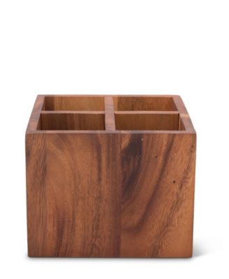 Square Caddy Acacia Wood Flatware, Serve Ware, Utensil, Carry-All Holder with Solid Pewter Fleur De Lis Accent, 4 Compartments