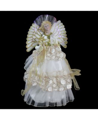 16" Lighted Fiber Optic Angel in Cream and Gold Sequined Gown Christmas Tree Topper