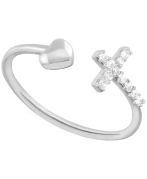 image of Essentials Crystal Cross & Heart Open Toe Ring in Fine Silver-Plate