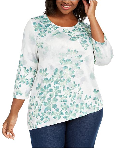 Alfred Dunner Plus Size Lake Geneva Leaf Print Asymmetrical Hem