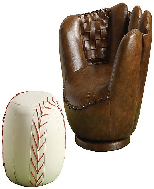Benzara Leather Upholstered Baseball Glove Chair And Ottoman