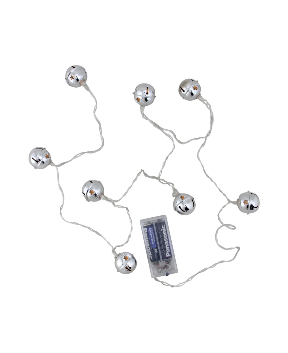 Set of 8 Battery Operated Led Silver Jingle Bell Novelty Christmas Lights - Clear Lights - Silver