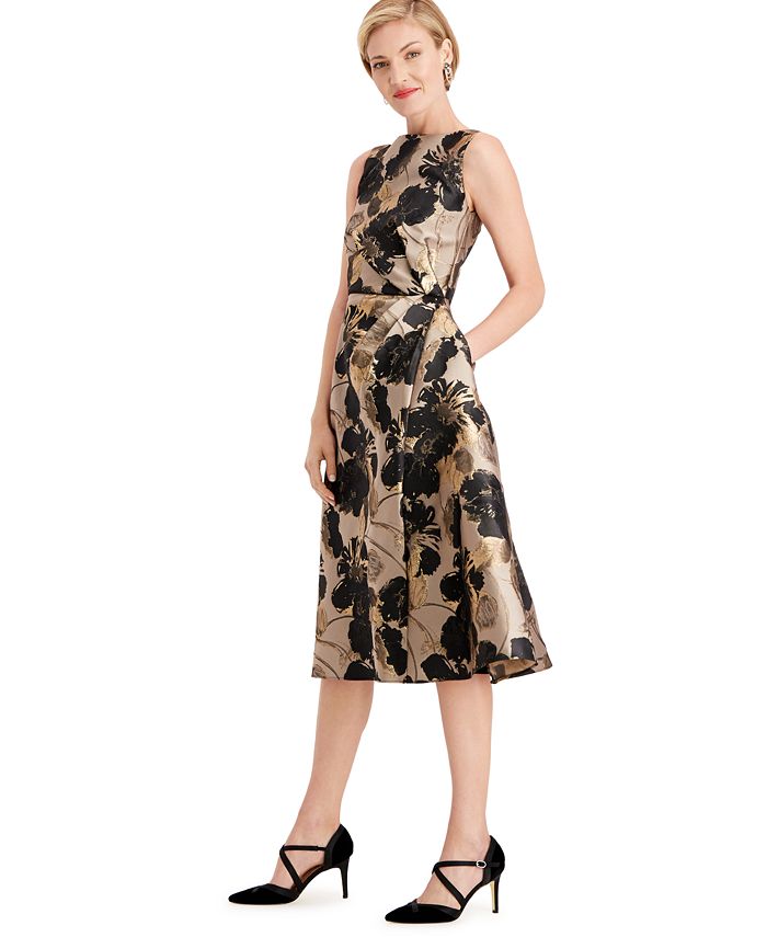 Adrianna Papell Floral-Print Metallic A-Line Dress - Macy's