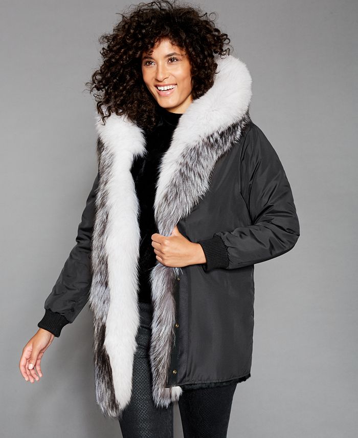 The Fur Vault Fox & Rabbit-Fur-Trim Hooded Leather Coat - Macy's