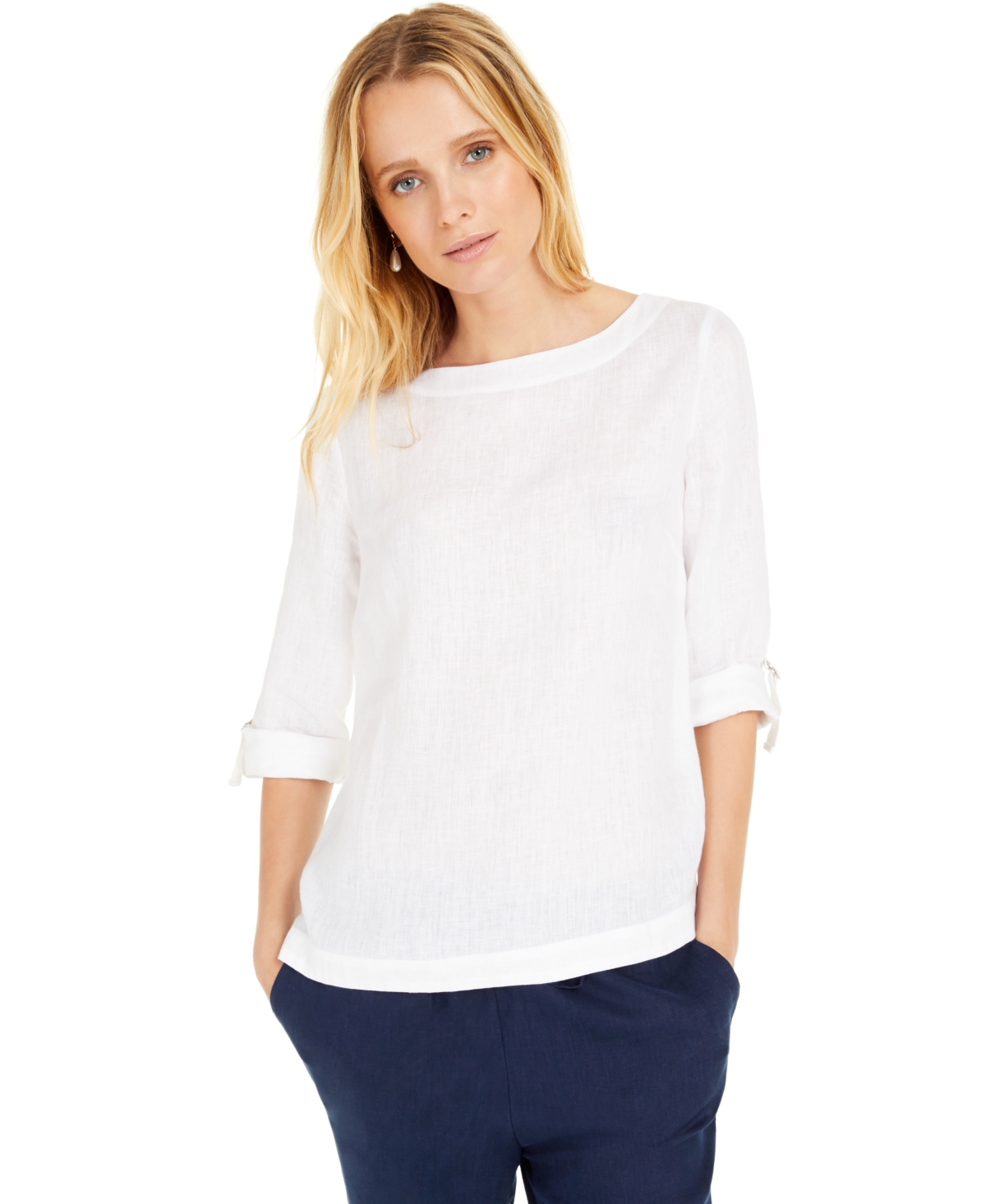 Petite 100% Linen Cuffed Top, Created for Macy's - Bright White